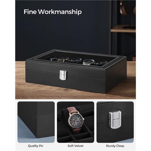 Watch Box 12-Slot Watch Case w Large Glass Lid Removable Watch Pillows Organizer - Picture 2 of 6